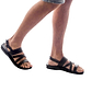 Model wearing Silas black, handmade leather sandals with back strap 