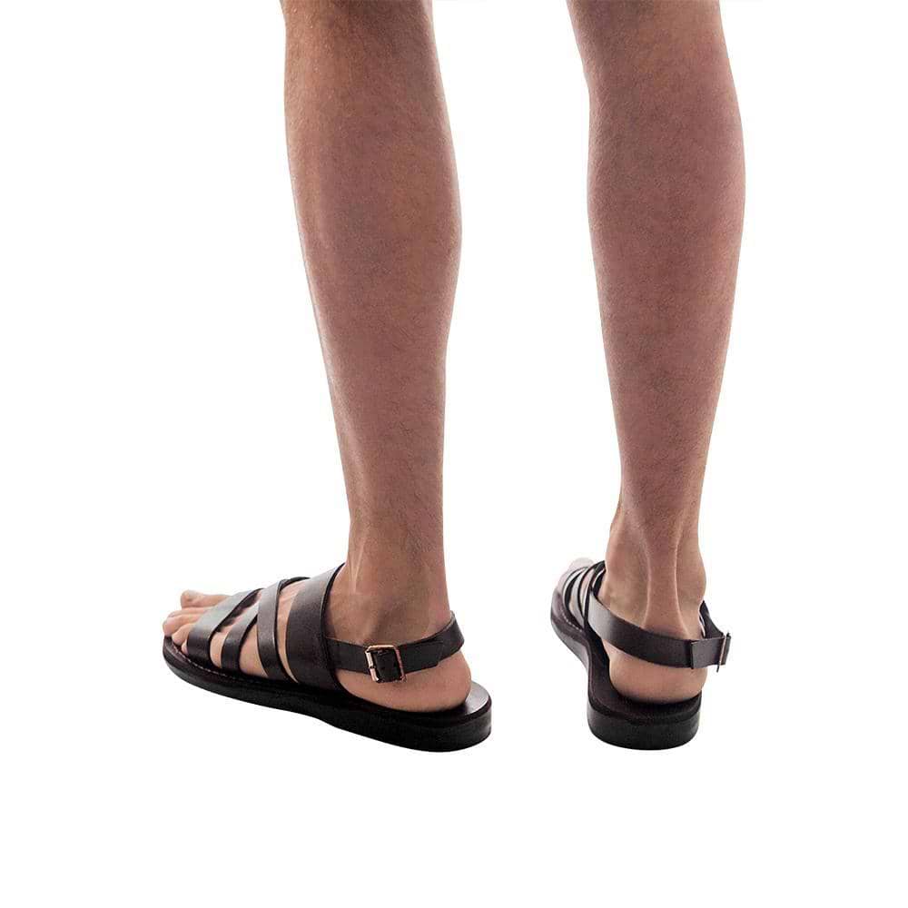 Model wearing Silas brown, handmade leather sandals with back strap 