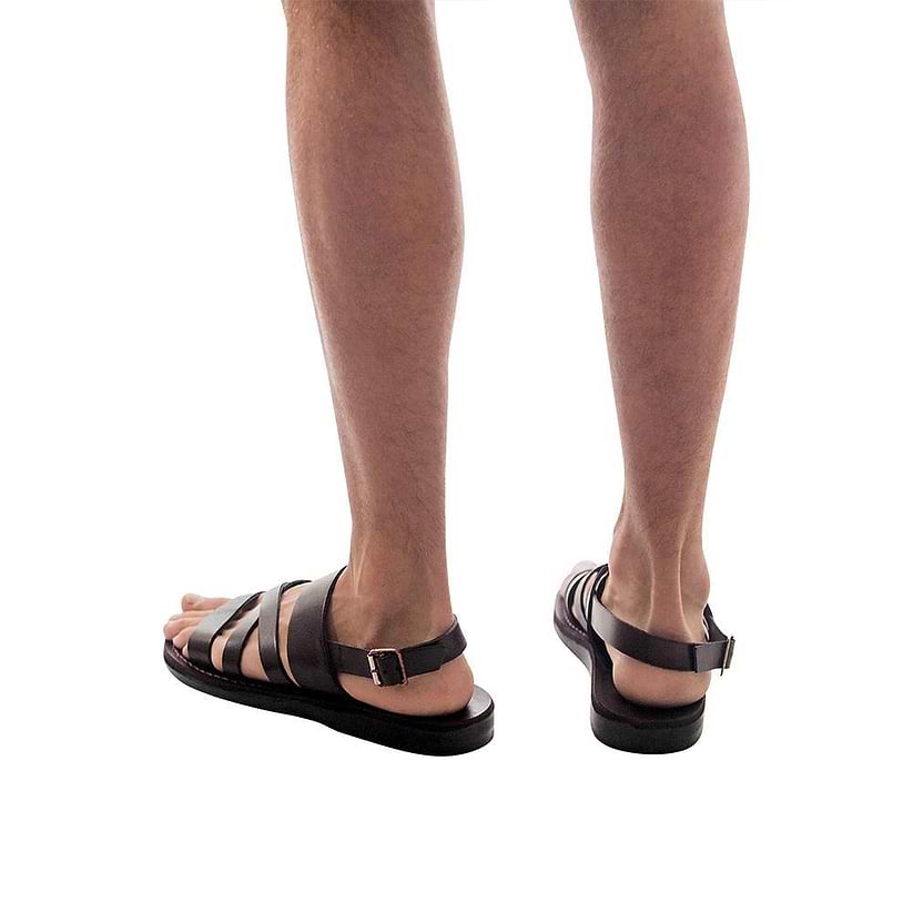 Model wearing Silas brown, handmade leather sandals with back strap 