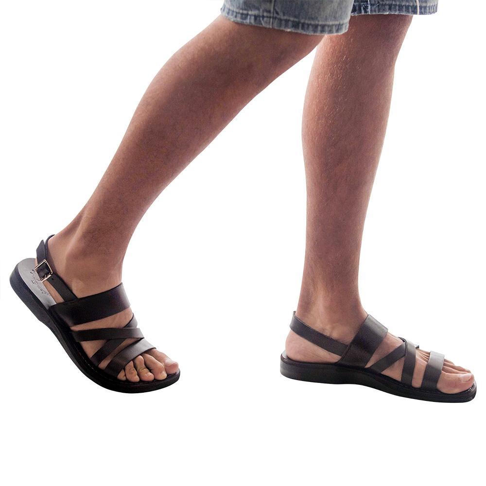 Model wearing Silas brown, handmade leather sandals with back strap 