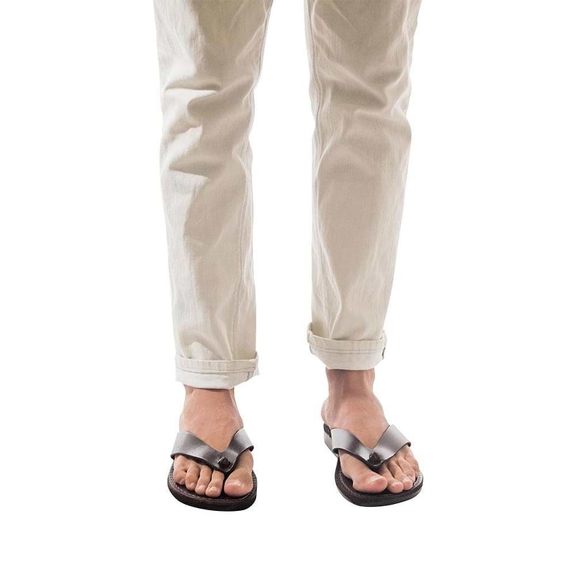 Model wearing Solomon brown, handmade leather slide sandals 