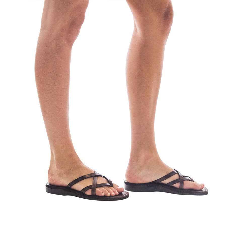 Model wearing Tamar brown, handmade leather slide sandals 