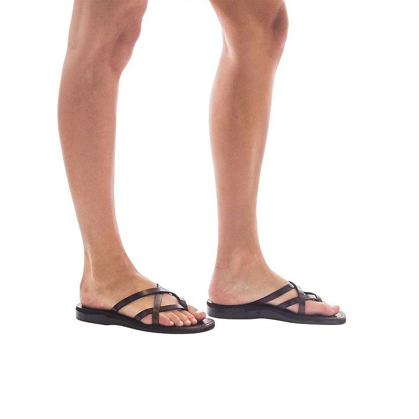 Model wearing Tamar brown, handmade leather slide sandals 