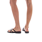Model wearing Tamar brown, handmade leather slide sandals 