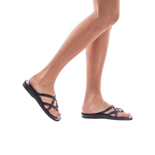 Model wearing Tamar brown, handmade leather slide sandals 
