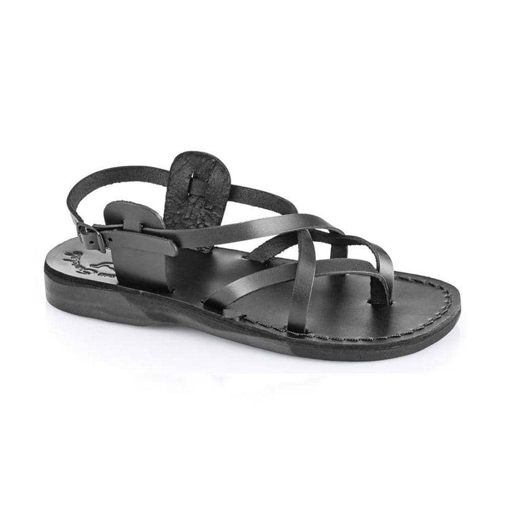 Tamar Buckle black, handmade leather sandals with back strap  - Front View