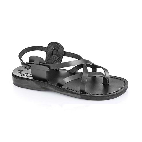 Tamar Buckle black, handmade leather sandals with back strap  - Front View