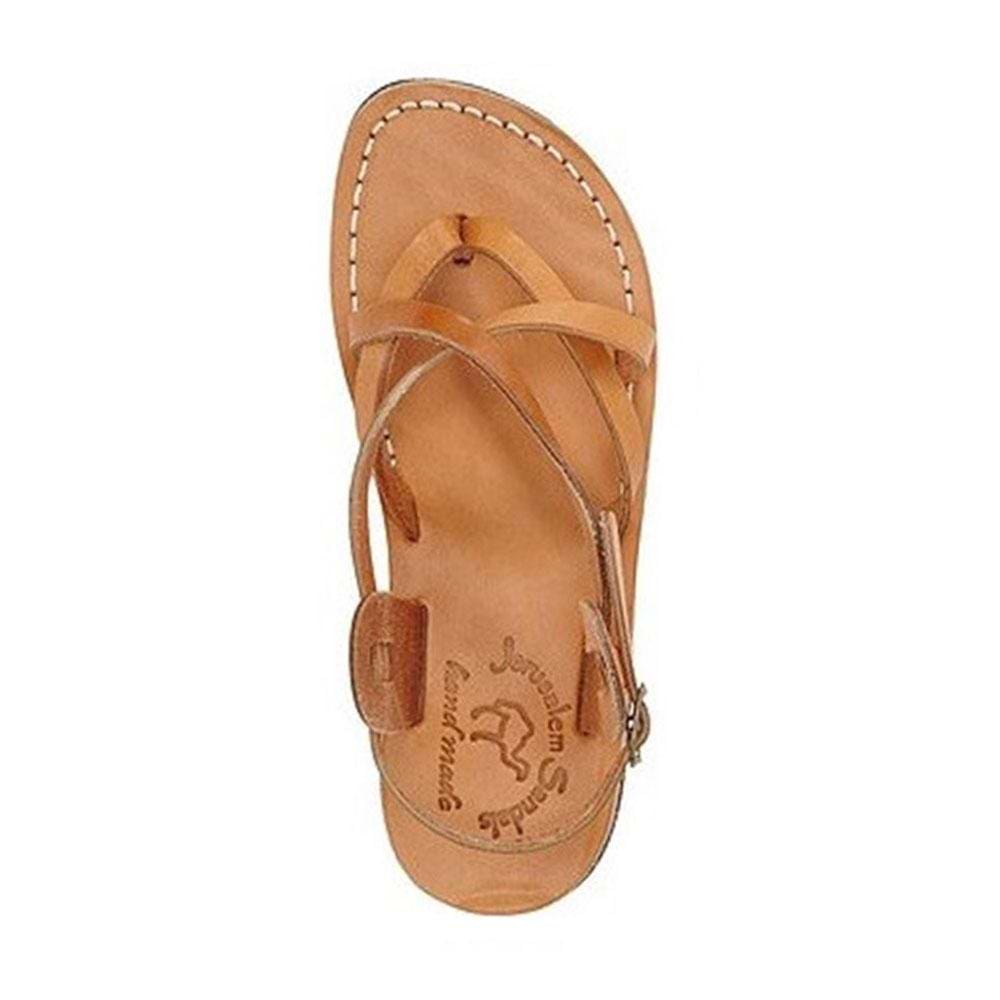 TamarBuckle tan, handmade leather sandals with back strap  - Side View