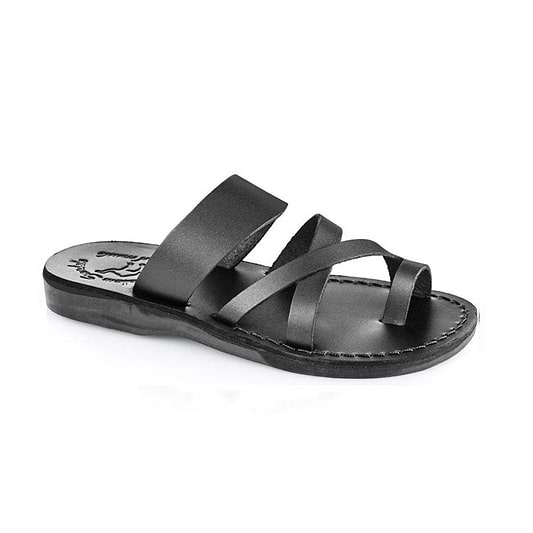 The Good Shepherd black, handmade leather slide sandals with toe loop - Front View