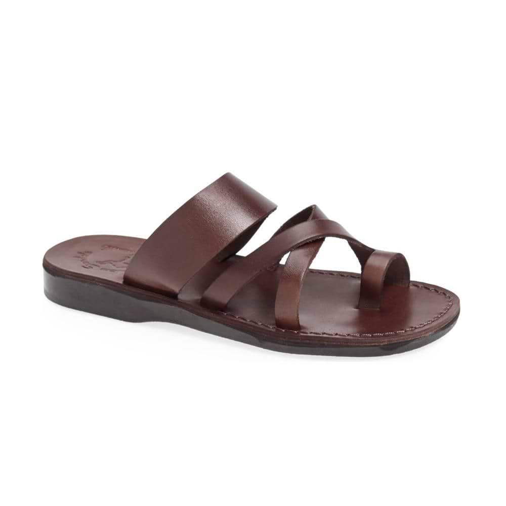 The Good Shepherd brown, handmade leather slide sandals with toe loop - Front View