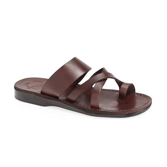 The Good Shepherd brown, handmade leather slide sandals with toe loop - Front View