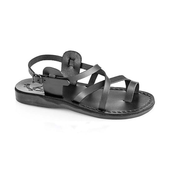The Good Shepherd Buckle black, handmade leather sandals with back strap and toe loop - front view