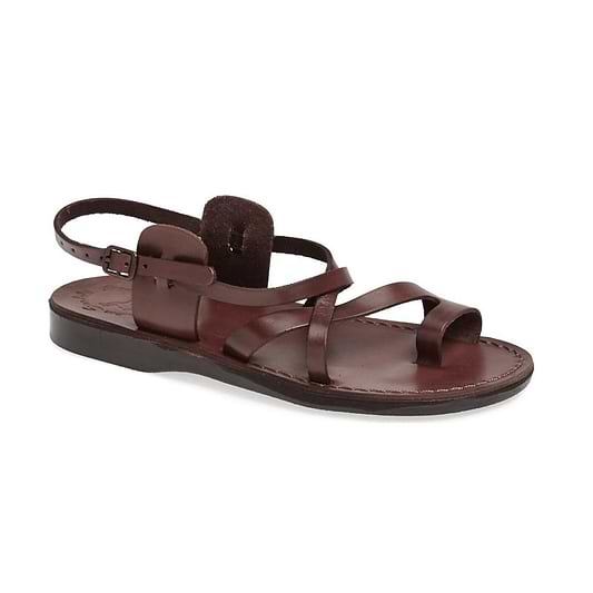 The Good Shepherd Buckle brown, handmade leather sandals with back strap and toe loop - Front View