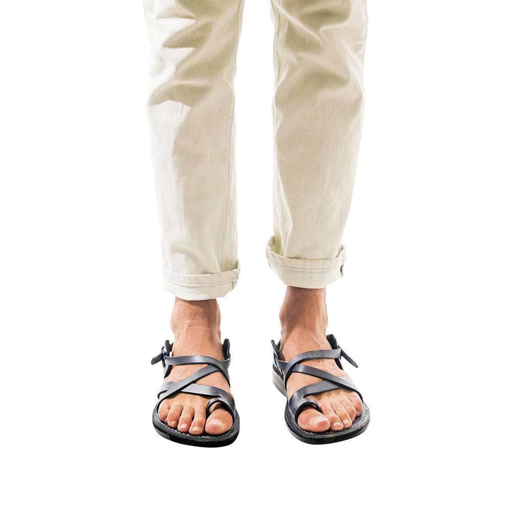 Model wearing The Good Shepherd Buckle gray, handmade leather sandals with back strap and toe loop