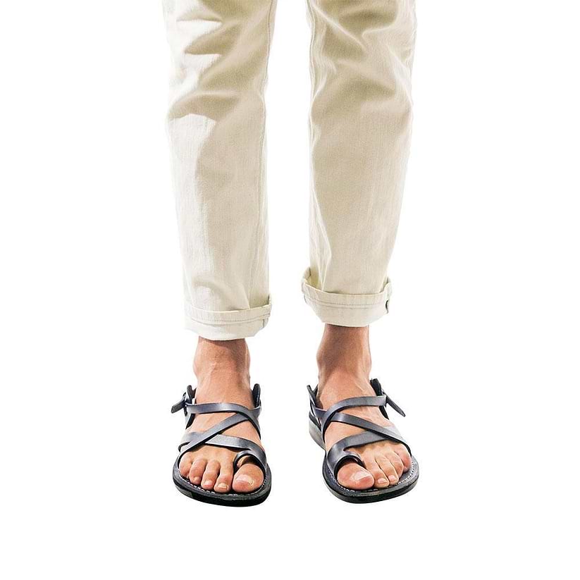 Model wearing The Good Shepherd Buckle gray, handmade leather sandals with back strap and toe loop