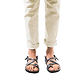 Model wearing The Good Shepherd Buckle gray, handmade leather sandals with back strap and toe loop