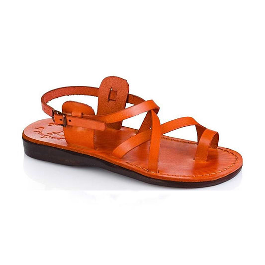 The Good Shepherd Buckle orange, handmade leather sandals with back strap and toe loop - Front View