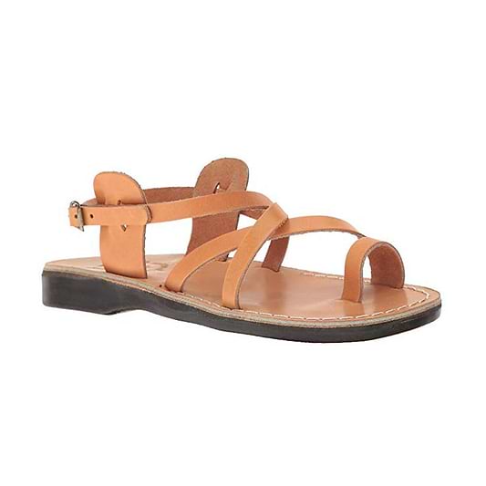 The Good Shepehrd Buckle tan, handmade leather sandals with back strap and toe loop - Front View