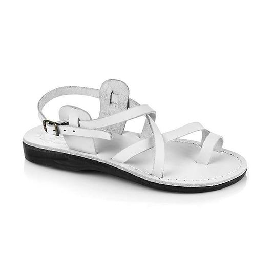 The Good Shepherd Buckle white, handmade leather sandals with back strap and toe loop - Front View