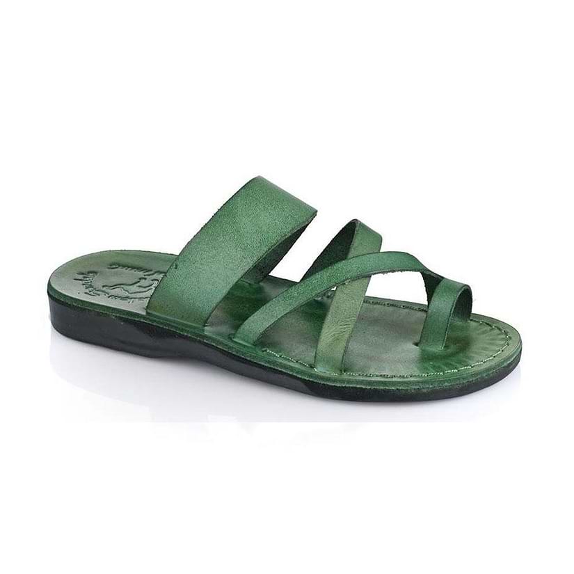 The Good Shepherd green, handmade leather slide sandals with toe loop - Front View