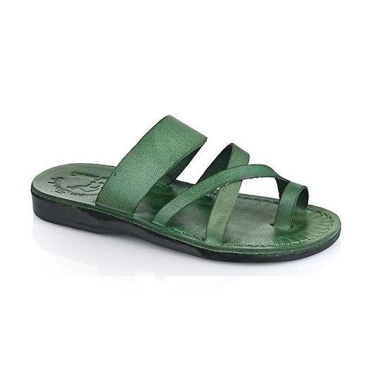 The Good Shepherd green, handmade leather slide sandals with toe loop - Front View