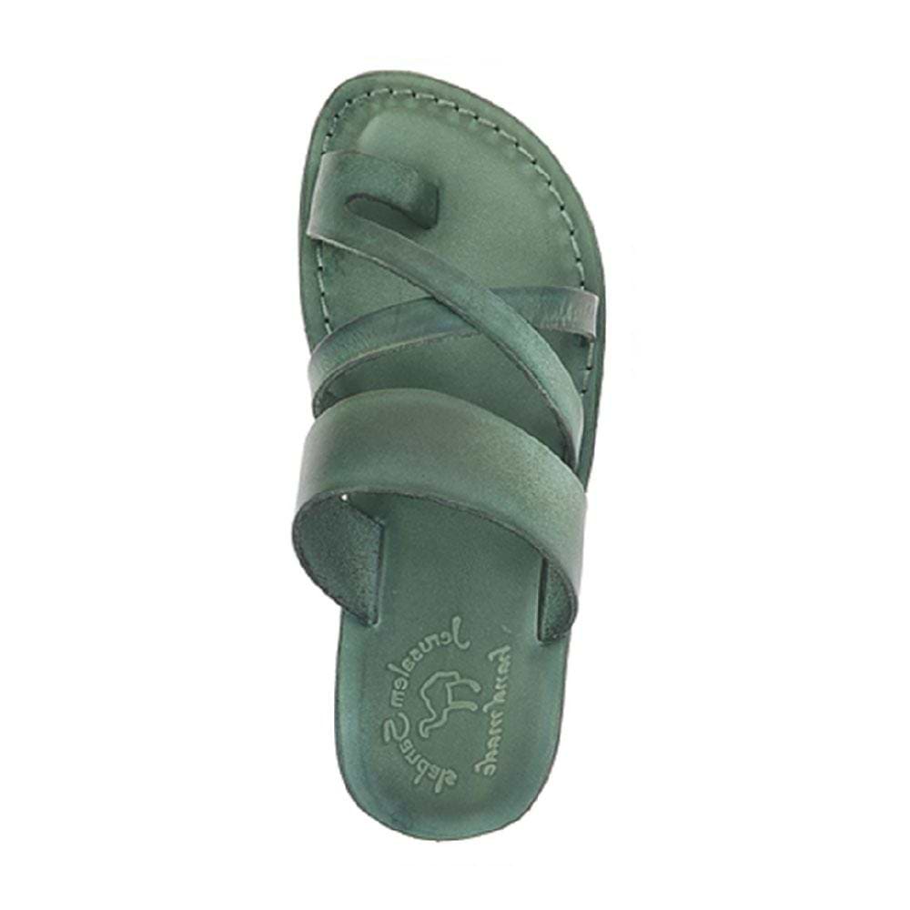 The Good Shepherd green, handmade leather slide sandals with toe loop - up View