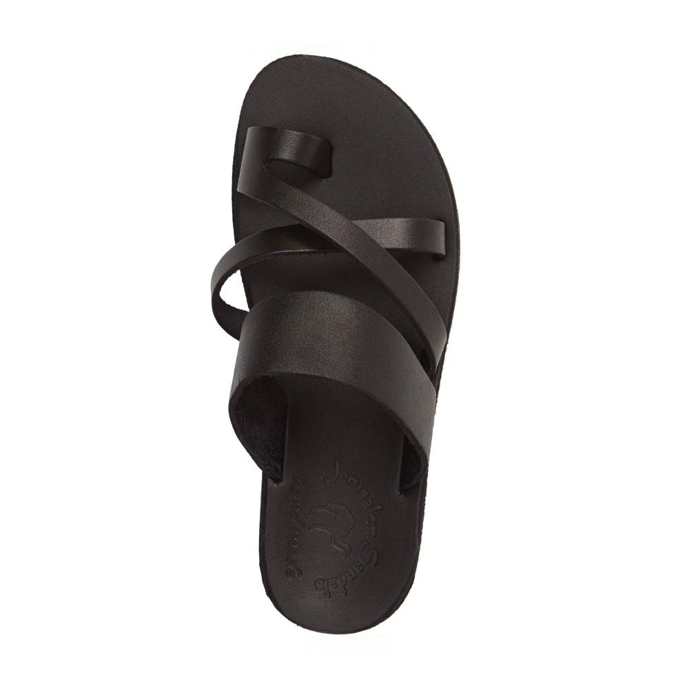 The Good Shepherd black, handmade leather slide sandals with toe loop - side View