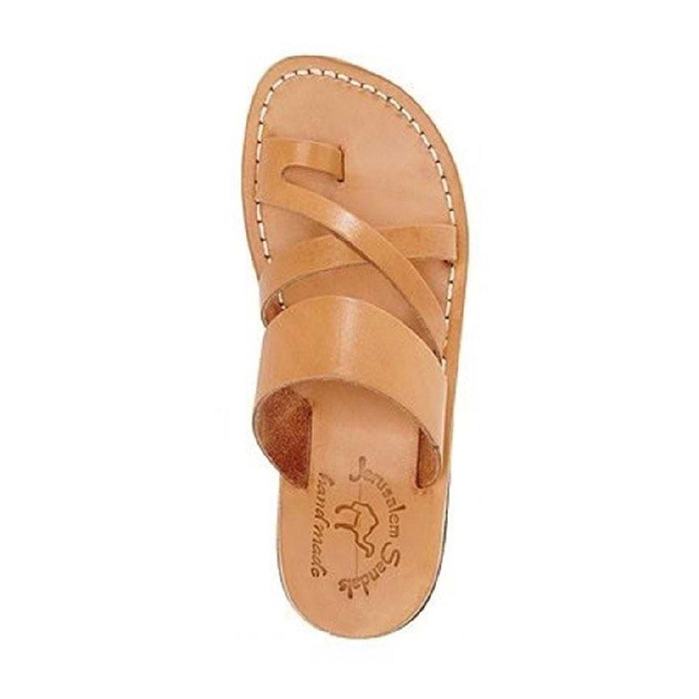 The Good Shepherd tan, handmade leather slide sandals with toe loop - Side View
