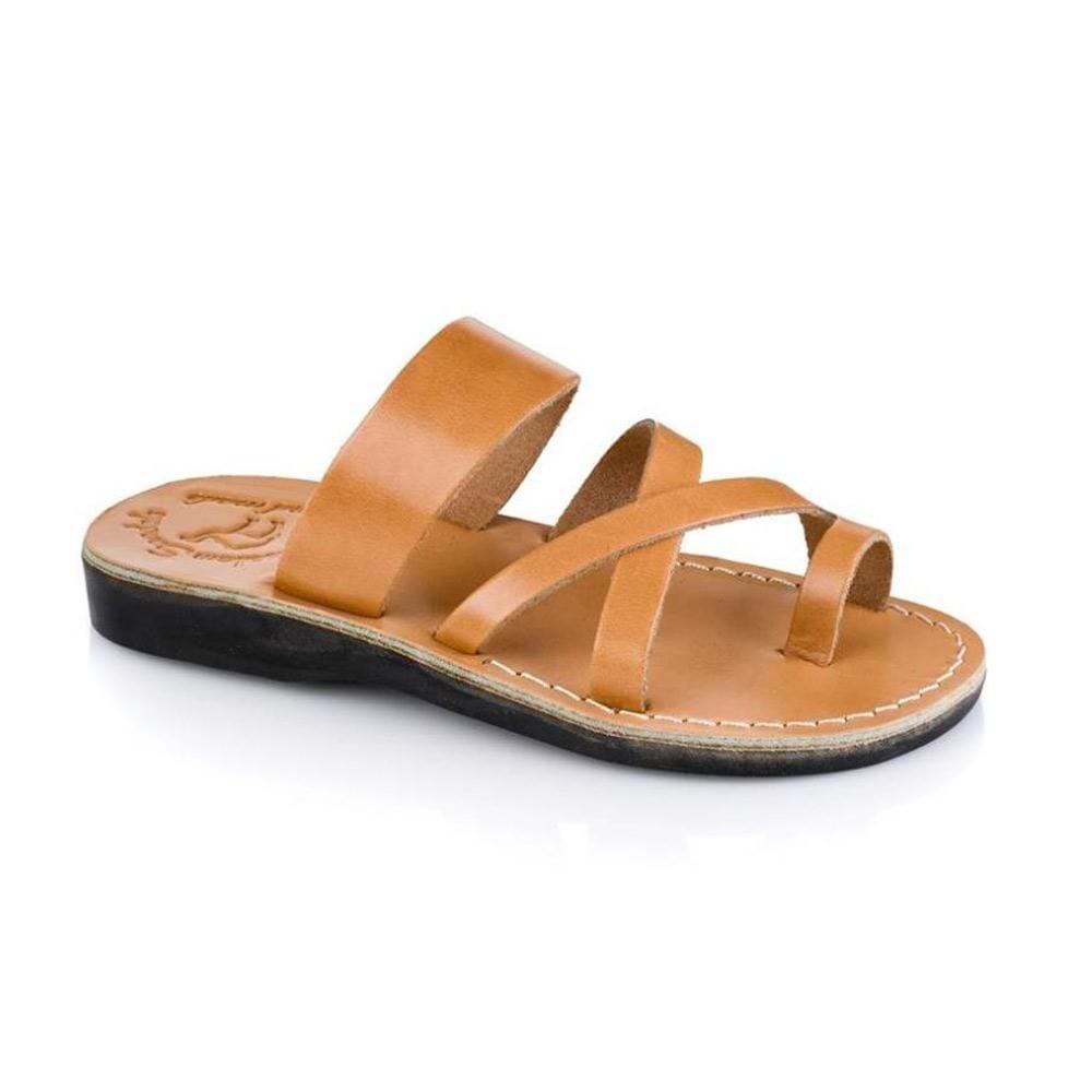 The Good Shepherd tan, handmade leather slide sandals with toe loop - Front View