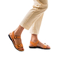 Model wearing The Original tan, handmade leather sandals with back strap 