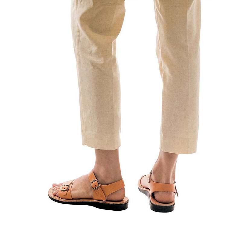 Model wearing The Original tan, handmade leather sandals with back strap 