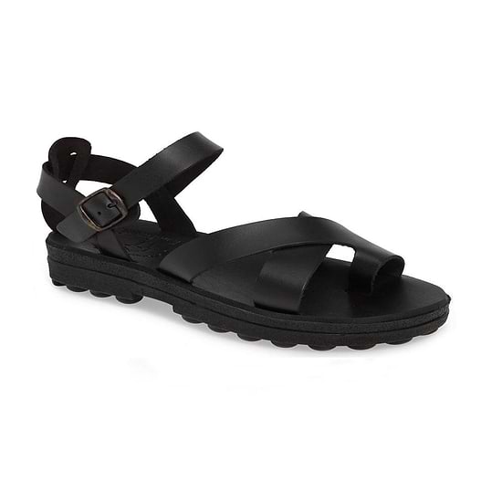 Tovah black, handmade leather sandals with back strap and toe loop  - Front View