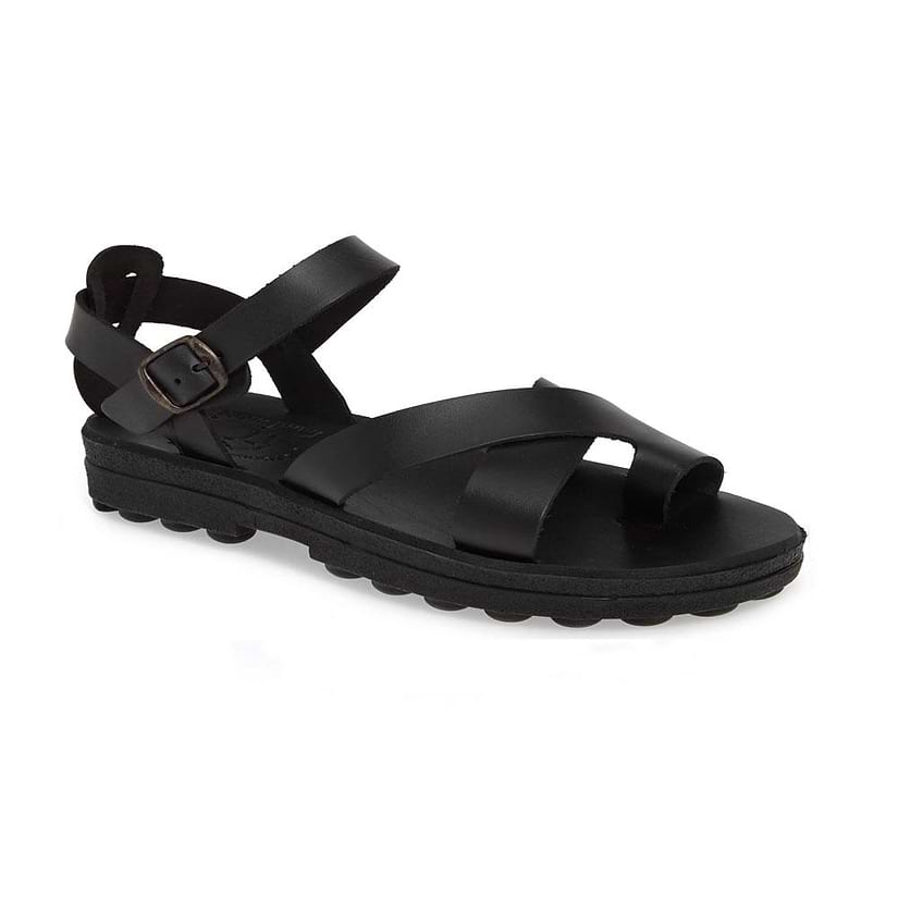 Tovah black, handmade leather sandals with back strap and toe loop  - Front View