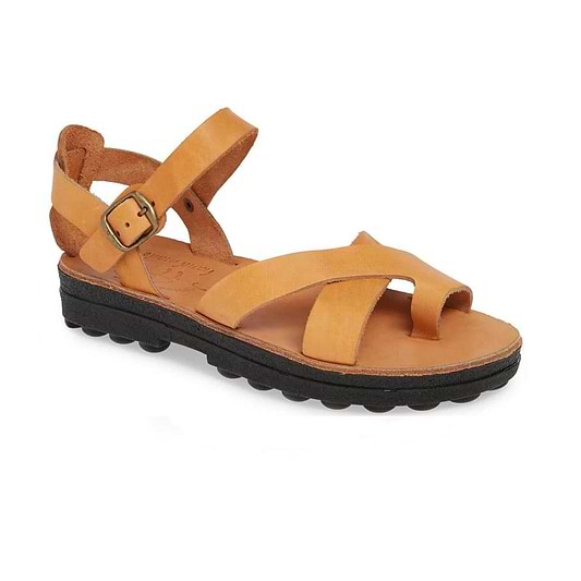 Tovah tan, handmade leather sandals with back strap and toe loop - Front View