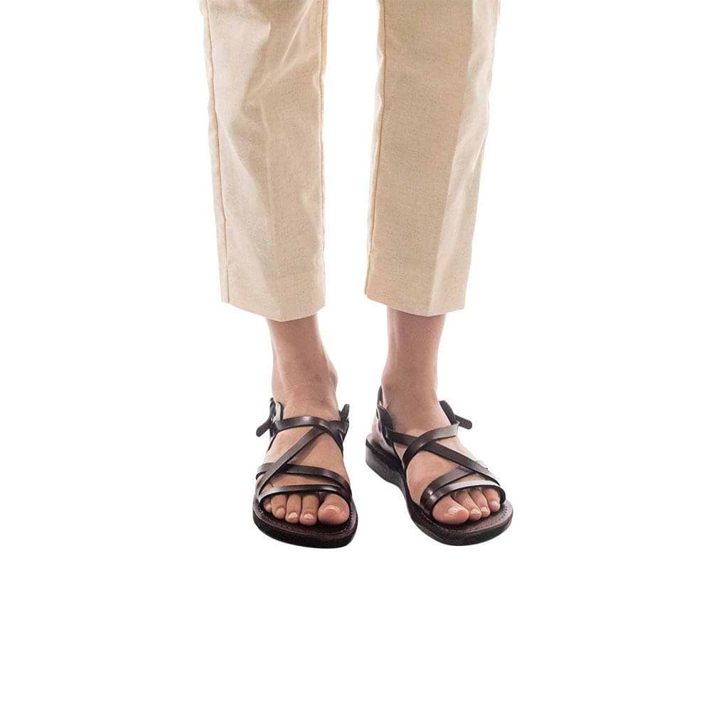 Model wearing Tzippora brown, handmade leather sandals with back strap