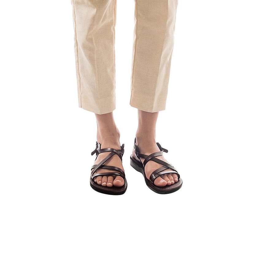 Model wearing Tzippora brown, handmade leather sandals with back strap