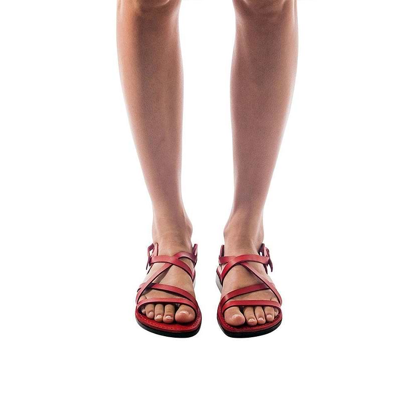 Model wearing Tzippora brown, handmade leather sandals with back strap