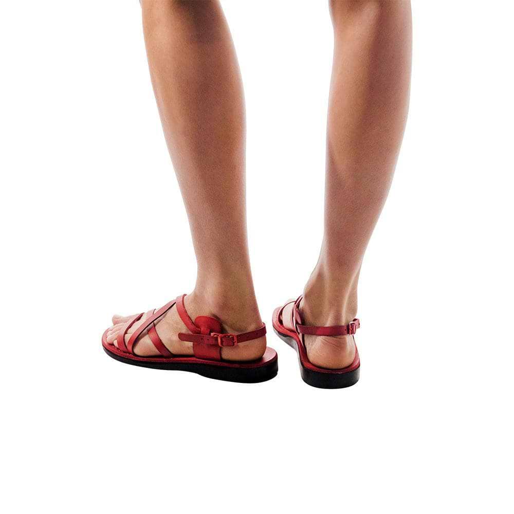 Model wearing Tzippora brown, handmade leather sandals with back strap