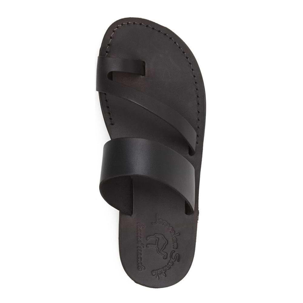 Zohar Black, handmade leather slide sandals with toe loop - side View