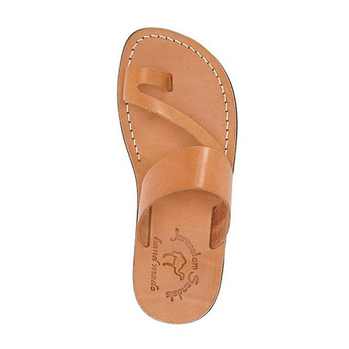 Zohar tan, handmade leather slide sandals with toe loop - Side View
