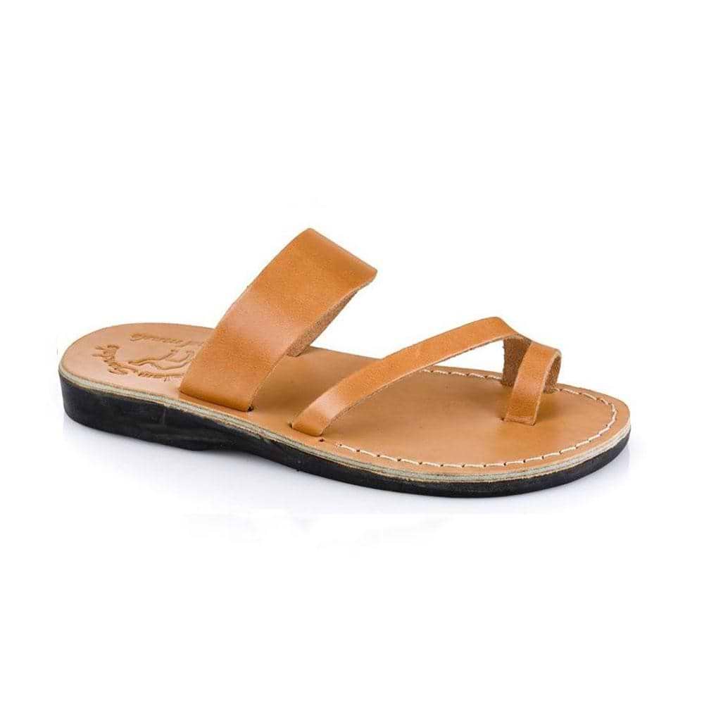 Zohar tan, handmade leather slide sandals with toe loop - Front View