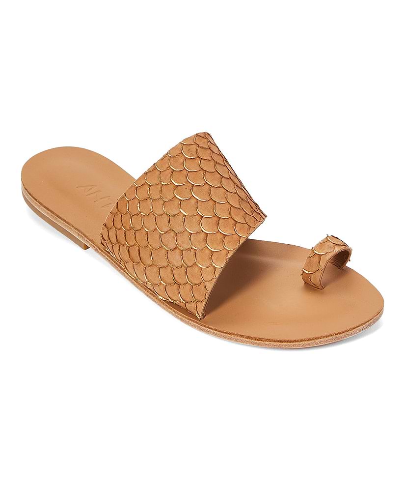 Wilshire Blvd tan, handmade leather slide sandals with toe loop - Front View