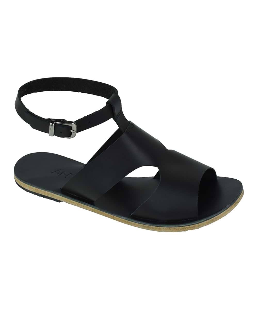 San Vincente Blvd black, handmade leather sandals with anklet strap and buckle  - Side View