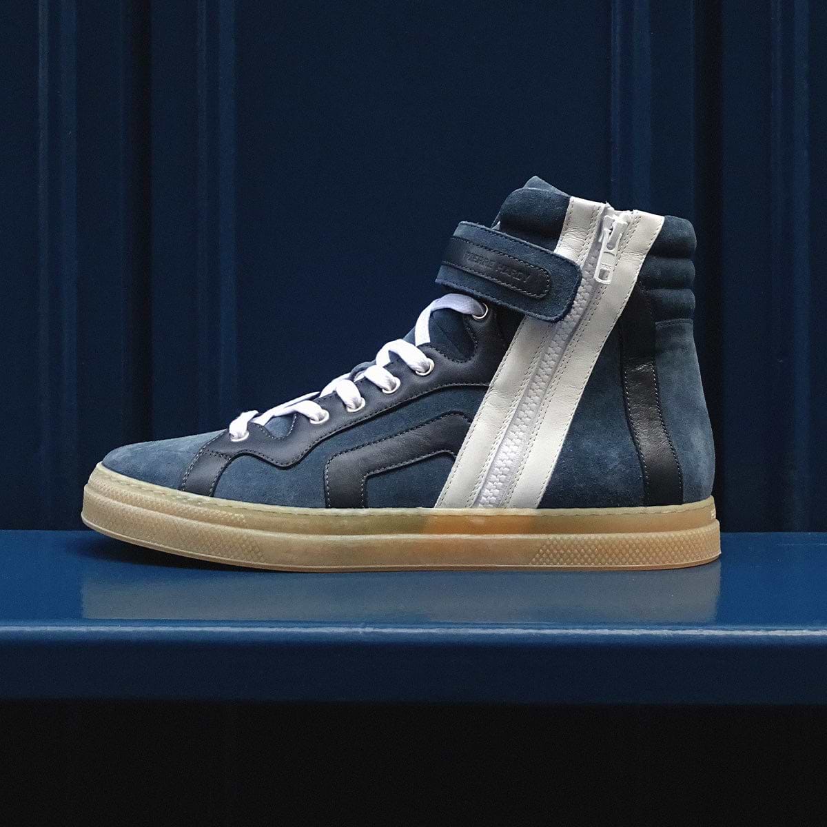 Pierre Hardy BASKETS MONTANTES 112, veau velours bleu denim et cuir de veau blanc & bleu marine, vue 10