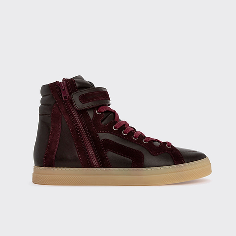 Pierre Hardy BASKETS MONTANTES 112, cuir de veau bordeaux et veau velours bordeaux