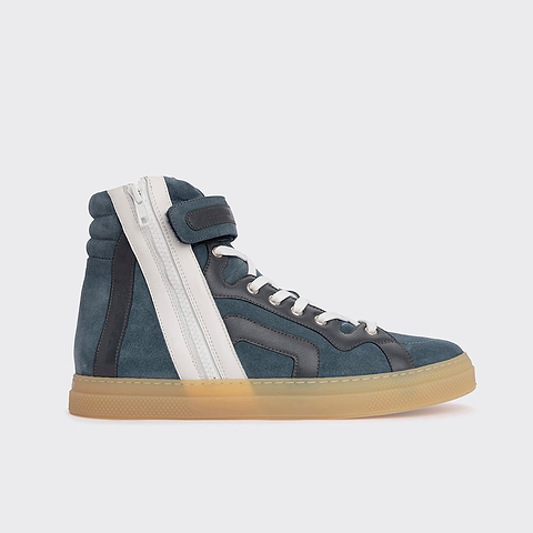 Pierre Hardy BASKETS MONTANTES 112, veau velours bleu denim et cuir de veau blanc & bleu marine