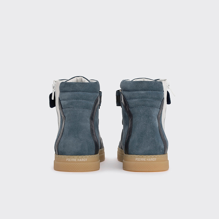 Pierre Hardy BASKETS MONTANTES 112, veau velours bleu denim et cuir de veau blanc & bleu marine, vue 8