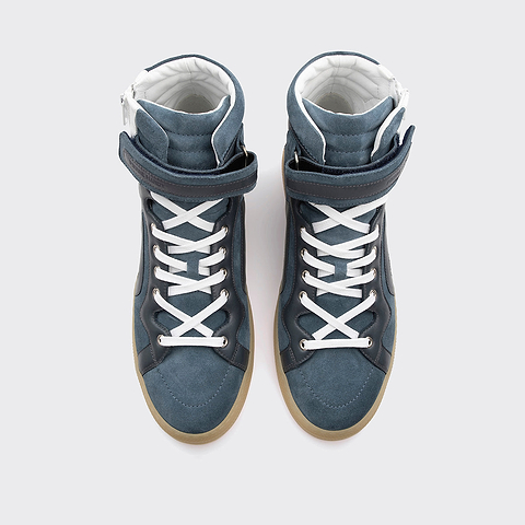 Pierre Hardy BASKETS MONTANTES 112, veau velours bleu denim et cuir de veau blanc & bleu marine, vue 2