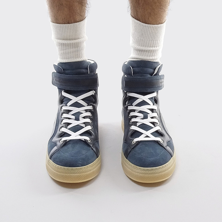 Pierre Hardy BASKETS MONTANTES 112, veau velours bleu denim et cuir de veau blanc & bleu marine, vue 5