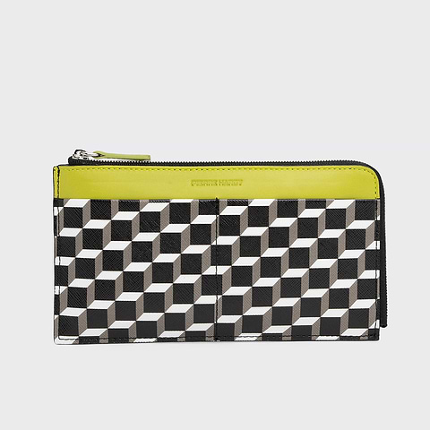 Pierre Hardy PORTEFEUILLE PALATINE, toile enduite cube perspective et cuir d'agneau vert citron
